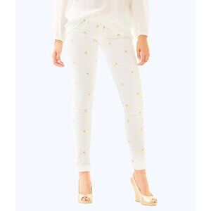 Lilly Pulitzer White Gold Palm Tree Embroidery Low Rise Worth Skinny Pant